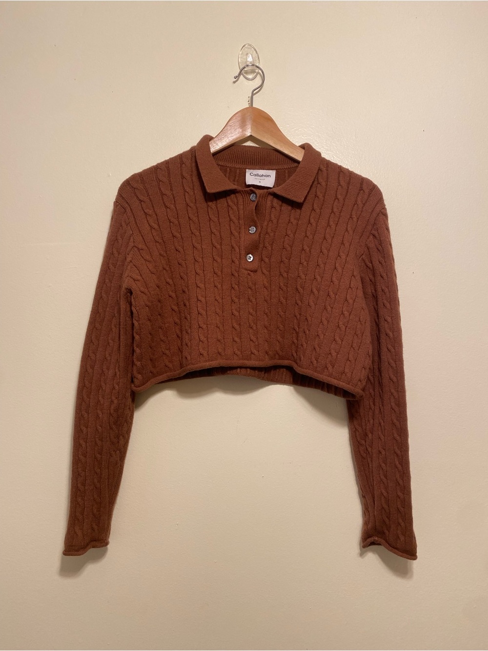 Callahan Cropped Cable-Knit Polo Sweater in Brown. Size M